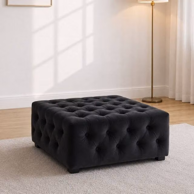 Sofaya Hampton Chesterfield Velvet Foot Stool and Coffee Table in Black, W/D/H: 60 x 60 x 32 cm