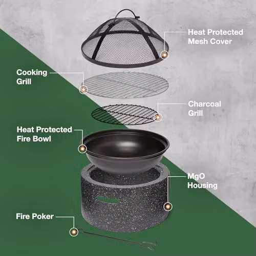 VonHaus 2-in-1 Fire Pit and BBQ Cooking Grill with Mesh Cover and Poker, Grey Stone Effect MgO Material – 4