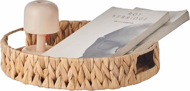 Eden & Willow Round Natural Fibre Woven Serving Tray with Handles in Brown and Beige