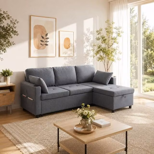 Merax 3-Seater L-Shaped Reversible Convertible Pull-Out Corner Sofa Bed with Storage and Cup Holders in Grey