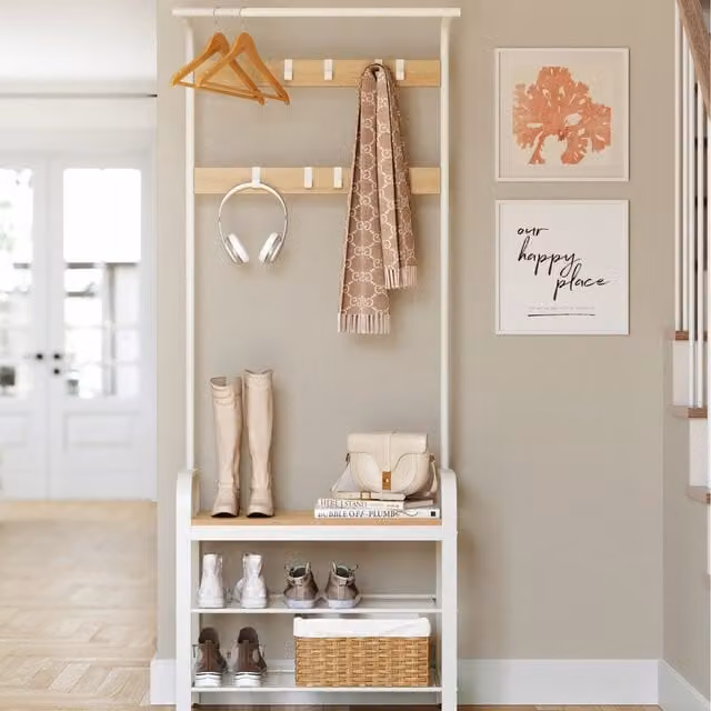 VASAGLE Minimalist Hall Tree with Bench and Hooks in Bronze and White