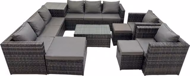 Fimous 11-Seater L-Shape Outdoor Rattan Corner Sofa Set with Ottoman, Coffee Table and Cushions, Dark Grey