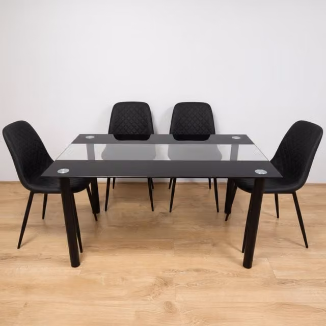 KOSY KOALA Modern Dining Set with Rectangular Glass Table and 4 Black Faux Leather Padded Chairs – 1