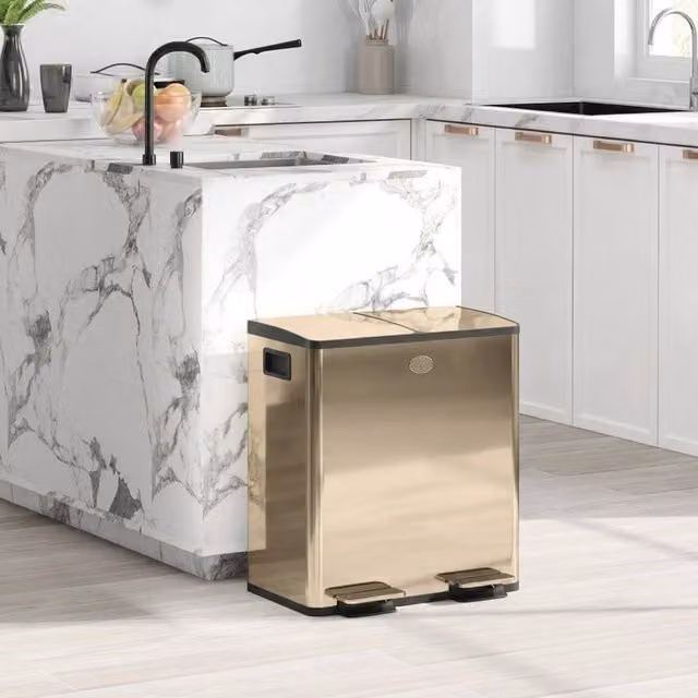 STILVORA 40L Dual Kitchen Bin with Pedal Lid in Gold Stainless Steel – 1