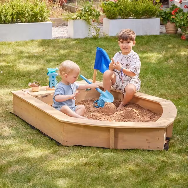 Liberty House Toys Kids Boat Sandpit with Seating and Cover in Natural Wood