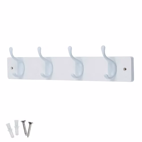 Keypak 4 White Gloss Coat Hooks on White Wooden Board, Width: 46 cm – 1