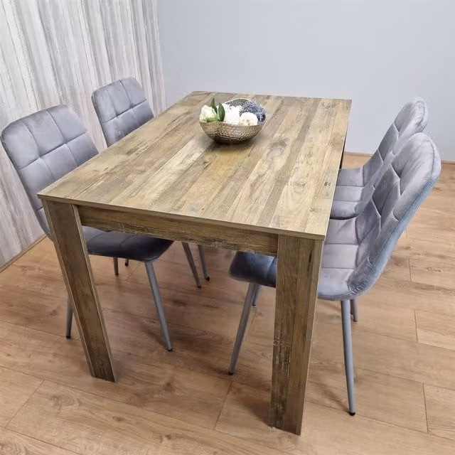 KOSY KOALA Dining Table and 4 Chairs Set, Brown Rustic Wood Effect Rectangular Table with Grey Velvet Chairs, W/D/H: 80 x 80 x 75 cm