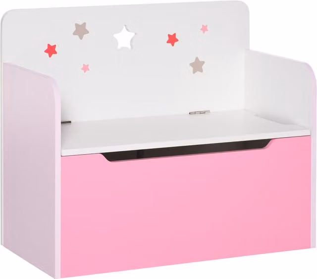 HOMCOM 2-in-1 Kids Wooden Toy Storage Chest and Chair with Safety Hinges, Pink, W: 60 cm, D: 30 cm, H: 50 cm