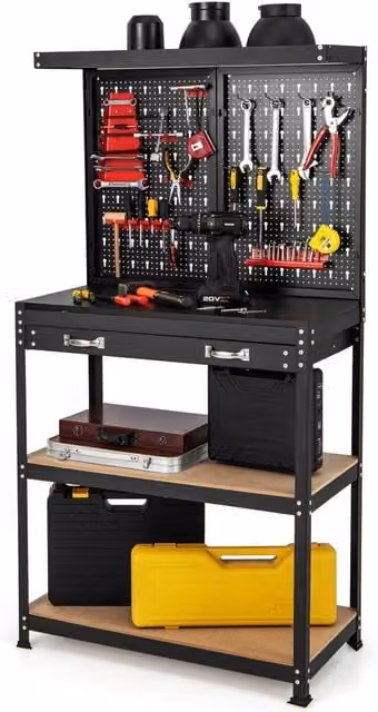 COSTWAY Industrial Metal Garage Workbench with Pegboard and Drawer in Red and Black