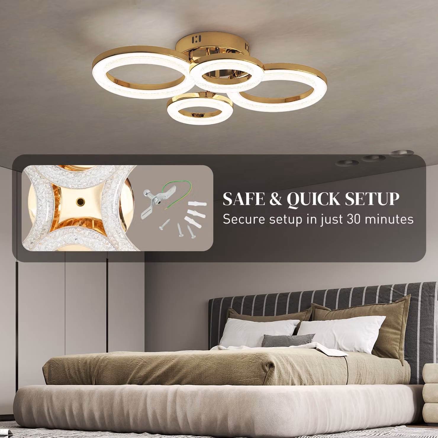 HOMCOM Modern 4-Ring LED Ceiling Light in Gold Tone, 40W 4350lm Flush Mount Lamp with Wall Switch Control – 3