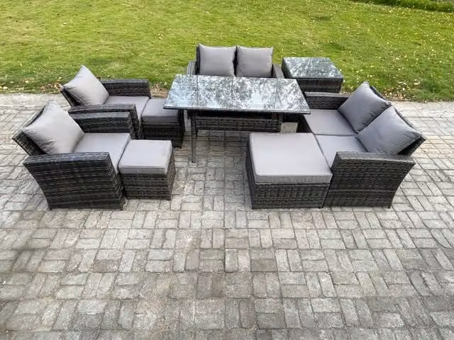 Fimous 9 Piece Rattan Garden Furniture Set with 3 Footstools and Side Table in Dark Grey