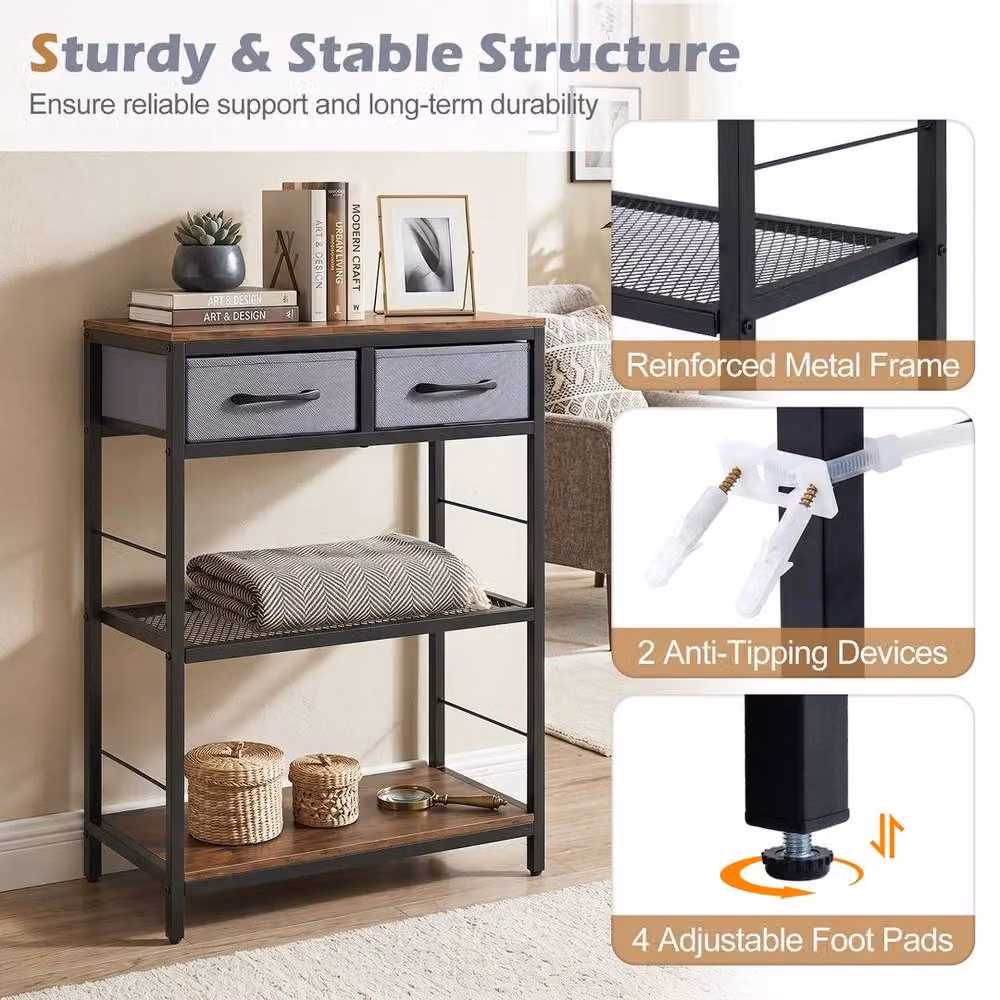 KORVIXA 3-Tier Rustic Brown Wood and Metal Entryway Storage Rack, W: 100 cm, H: 81 cm – 3