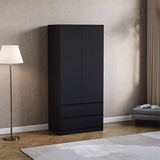 FORGEVIO Modern Black Matt 2 Door 2 Drawer Wardrobe with Integrated Drawers and Hanging Rod