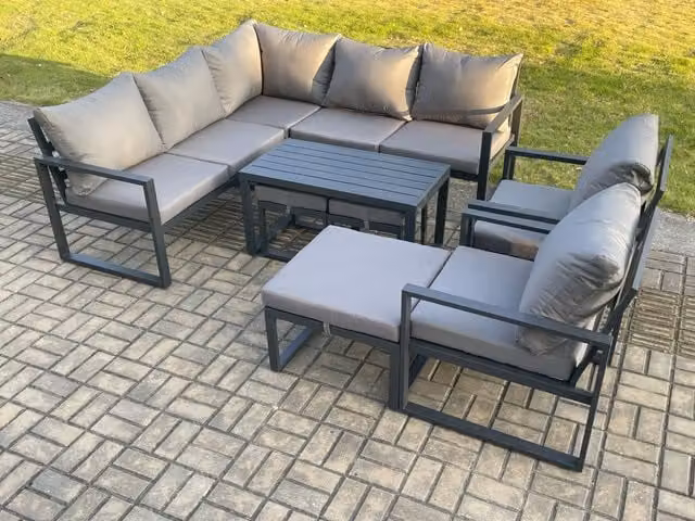 Fimous 10 Seater Aluminium Outdoor Garden Furniture Set in Dark Grey with U-Shape Sofa, Oblong Coffee Table and 3 Matching Ottomans