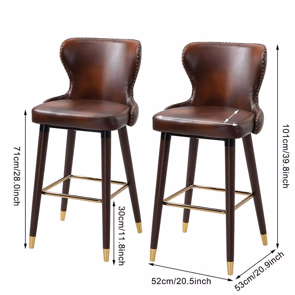 ERGOVEXA Set of 2 Brown PU Leather Bar Stools with Rubberwood Legs – 2