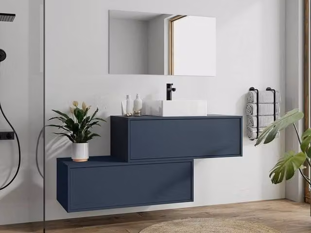 Vente-unique Midnight Blue Wall-Hung Bathroom Unit with Single Square Basin and Two Drawers – 1