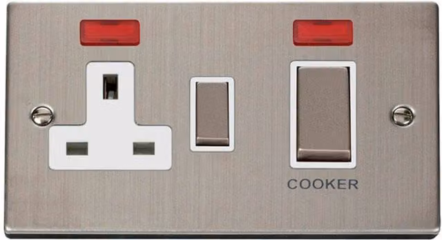 SE HOME Stainless Steel Cooker Control Plate with 13A Switched Plug Socket and 2 Neons in Silver