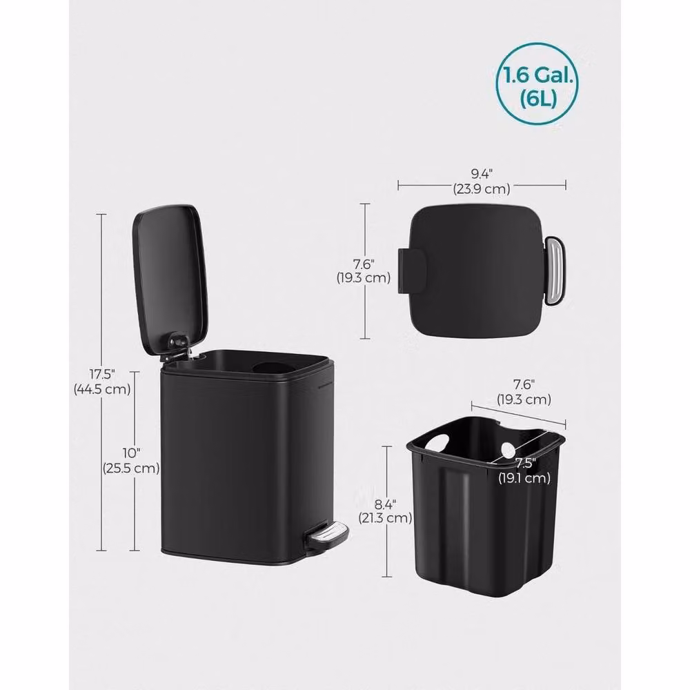 Kelvenix 6L Steel Pedal Kitchen Bin in Black with Soft Close and Removable Inner Bucket – 2