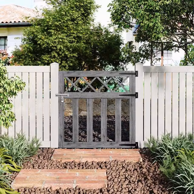 Komore Grey Wooden Outdoor Cross Top Garden Fence Gate, Width: 90 cm