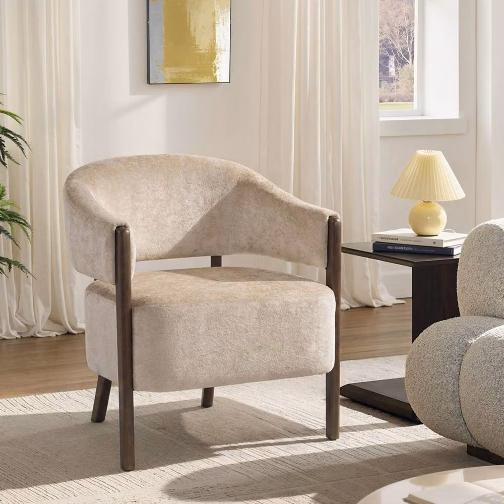 HOMCOM Beige Upholstered Accent Armchair with Solid Wood Legs – 2
