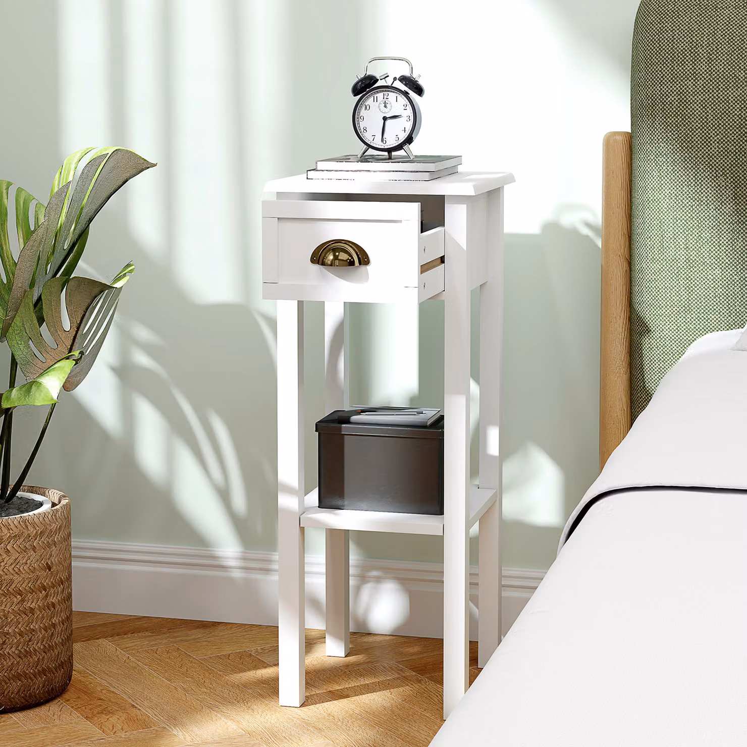 HOMCOM Set of 2 Modern 2-Tier Side Tables in White with Drawer and Shelf – 3