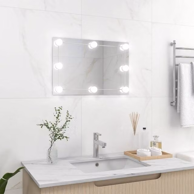 Berkfield Home Modern Rectangular Glass Wall Mirror with LED Lights in Silver