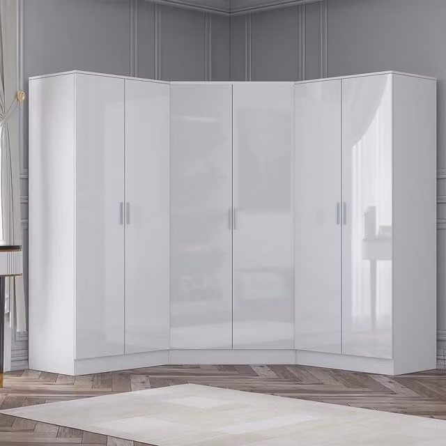 REFLECT Black Gloss Wardrobe Bundle featuring one Corner Unit and two 2-Door Plain Wardrobes in White Gloss and Matt White