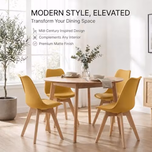 Bravich Rocco Tulip Dining Chair with Synthetic Leather Cushion in Mustard Yellow and Beech Wood Legs – 3
