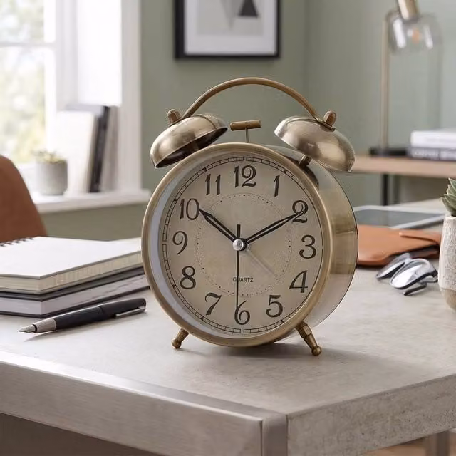 NESTLUNE Retro Twin Bell Silent Analog Alarm Clock in Bronze, W/D/H: 15 x 15 x 10 cm