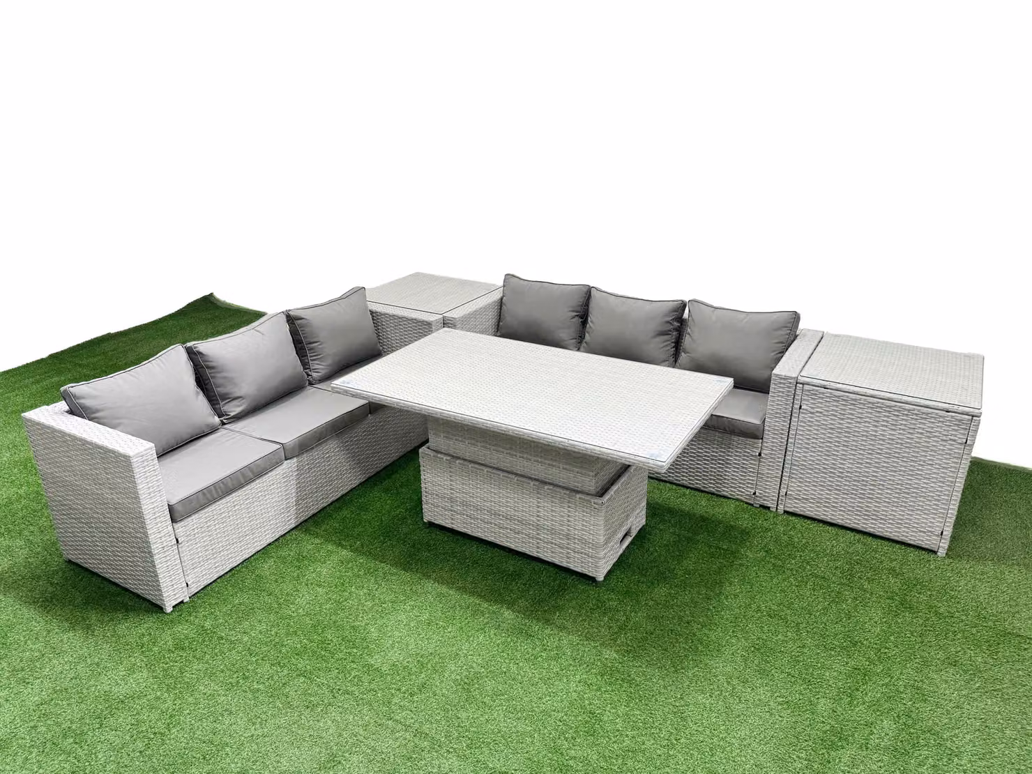 Fimous 5 Piece Rattan Dining Set with 3 Seater Sofa and Rising Table in Light Grey – 2