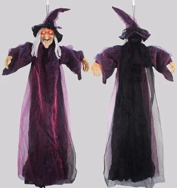 SPETLEK Halloween Hanging Animated Talking Spooky Witch in Purple, H 100 cm x W 60 cm