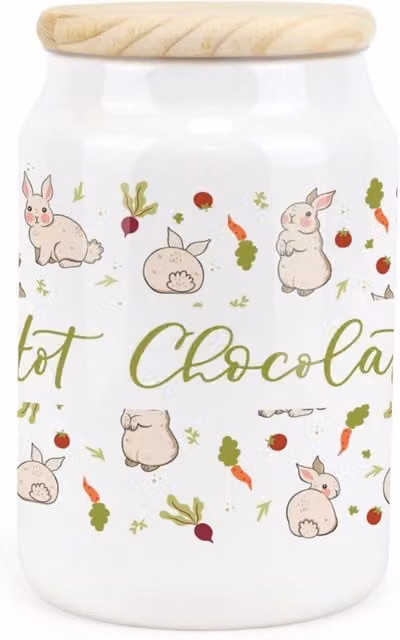 Purely Home Allotment Rabbits Ceramic Hot Chocolate Storage Canister in Green and White with Floral Design