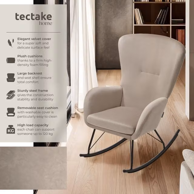 tectake Modern Velvet Rocking Chair Swing Armchair with Metal Frame and Armrests in Black and Beige