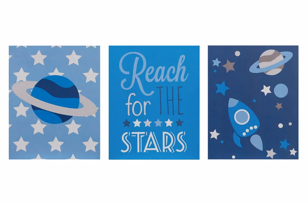 Orsina Kids Set of 3 Reach For The Stars Wall Plaques in Blue, Grey and White – 2