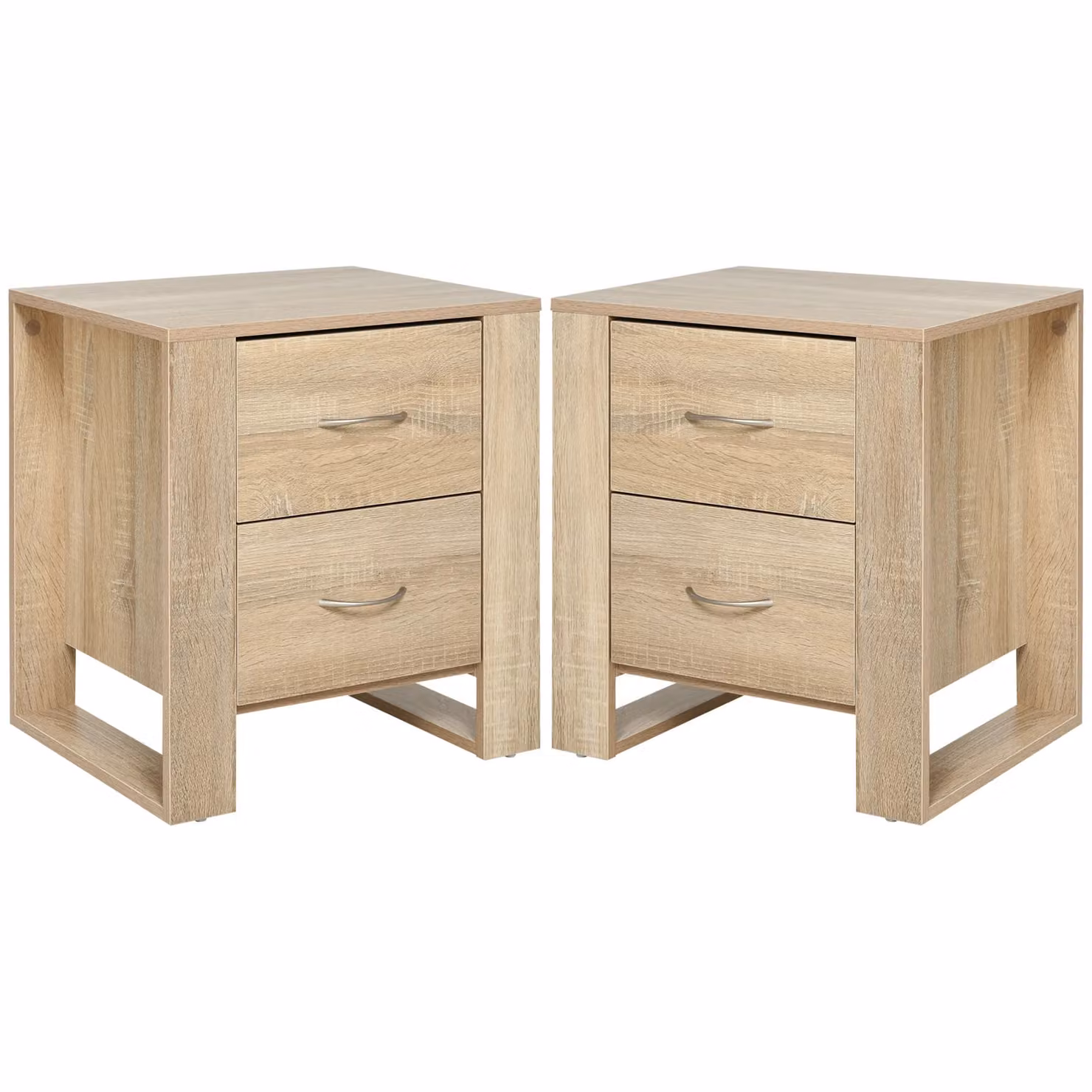HOMCOM Set of 2 Brown Bedside Tables with 2 Drawers, Handles and Elevated Base – 1