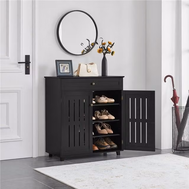 Yaheetech Modern Black MDF Shoe Cabinet with Hinged Doors and Drawer