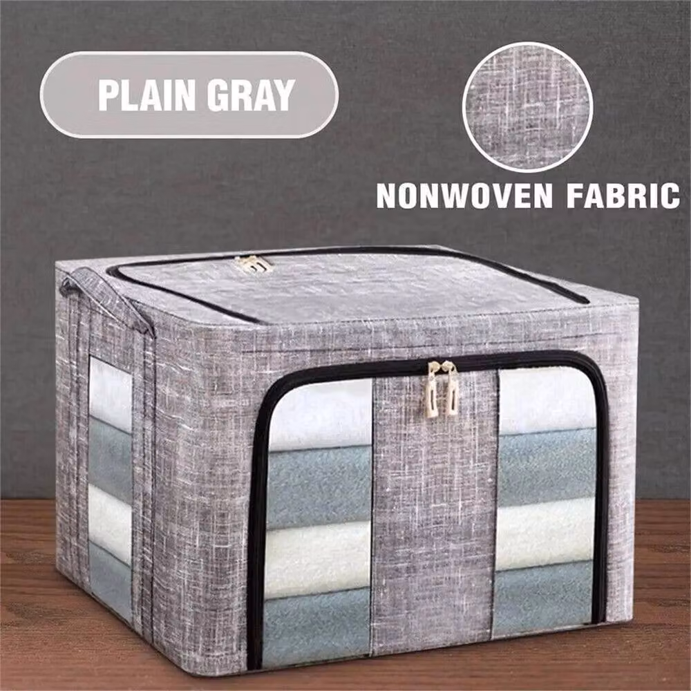 VOGREX 3x 66L Folding Fabric Storage Boxes with Steel Frame, Grey Wardrobe Organisers – 4