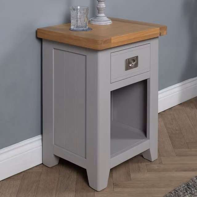 Elm Home And Garden Classic Lacquered Oak Bedside Table in Grey