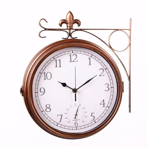 Garden Gear Wyevale Double-Sided Analog Station Wall Clock with Thermometer, Copper and Bronze Fleur-De-Lis Design, Powder-Coated Steel, W/D/H: 30 x 9.5 x 34 cm