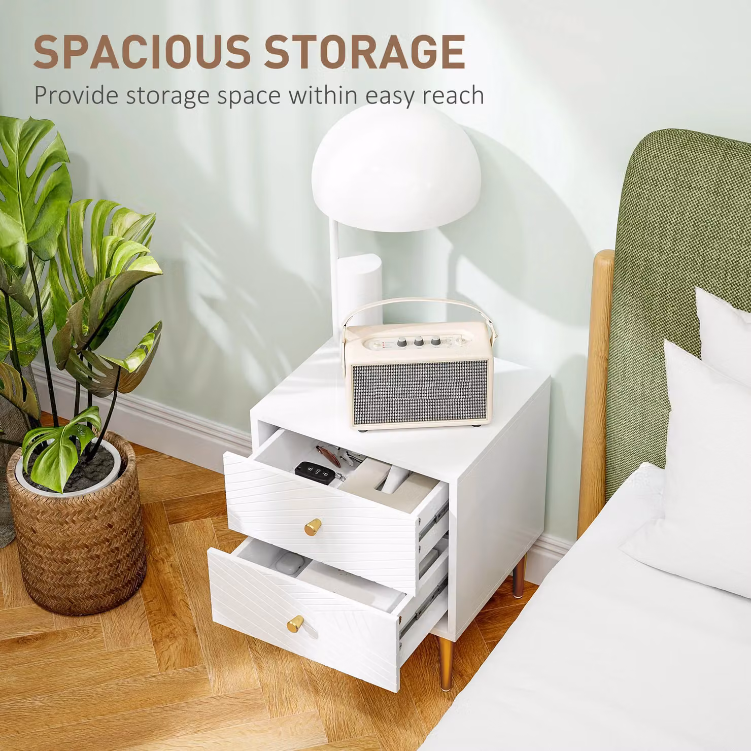HOMCOM Modern White Bedside Table with Drawer and Gold Metal Legs – 2