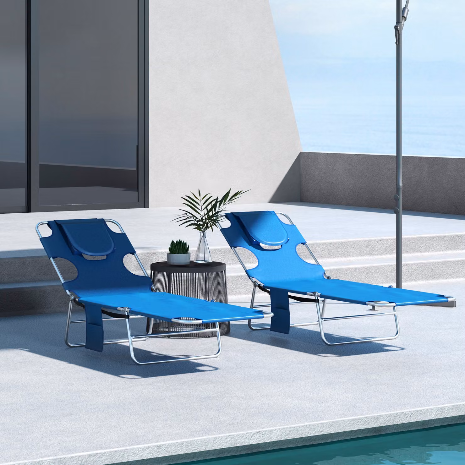 Outsunny Set of 2 Foldable Sun Loungers in Blue with 5-Level Adjustable Backrest and Reading Hole – 2