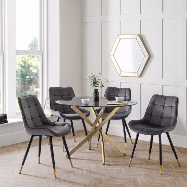Julian Bowen Monero Round Glass Dining Table and Hadid Chairs Set in Grey and Gold