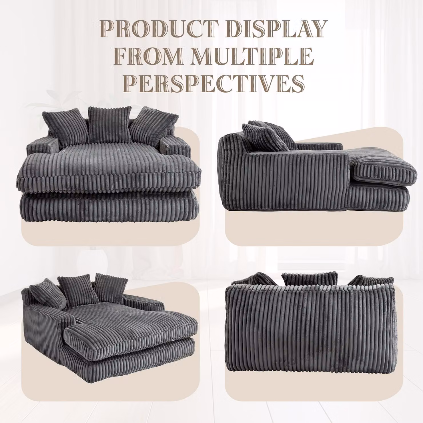 Aosom UK Oversized L-Shape Chaise Longue Sofa with 3 Throw Cushions and Wide Armrests, Grey, W/D/H: 125 x 125 x 63 cm – 4