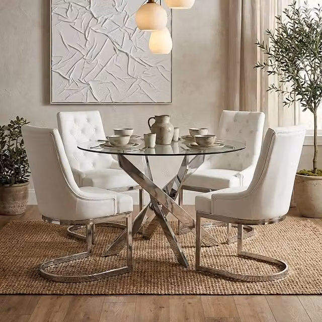 Interiors by Premier Orsina Round Glass Dining Table with Chrome X-Frame Legs, Transparent and Silver