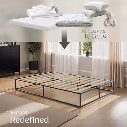 tectake Kyoto Double Bed Frame in Black Metal with Poplar Wood Slats, W/D/H: 140 x 200 x 25.5 cm – 5