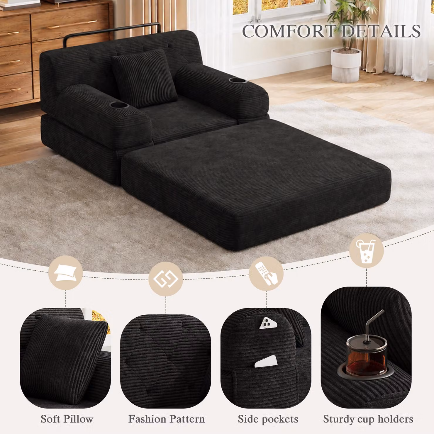 Aosom UK 1-Seater Convertible Chair Bed with Metal Frame and High-Density Foam, Black, L: 107 cm, W: 80 cm, H: 81 cm – 6