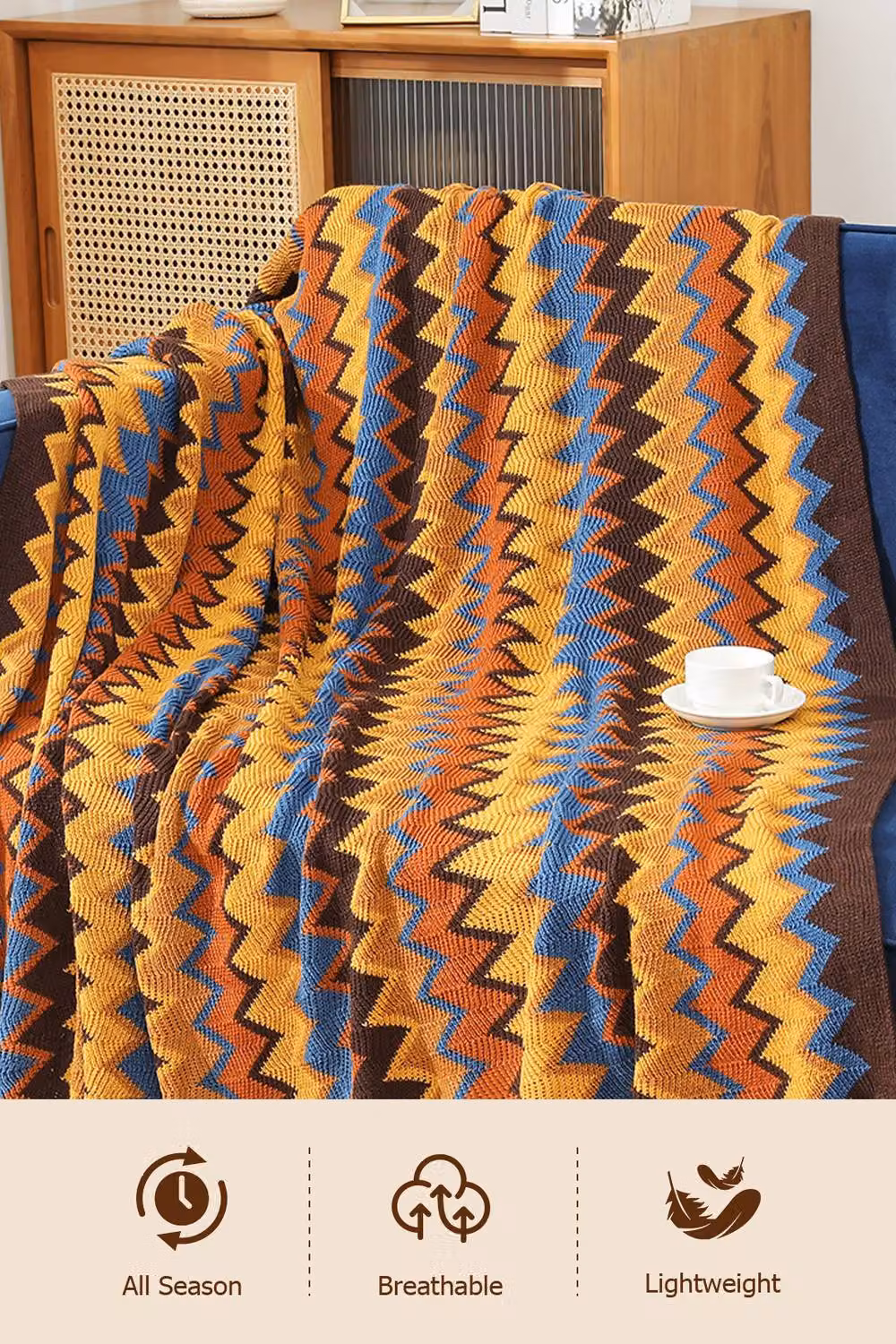 Garden Sanctuary Multicolour Bohemian Chevron Knitted Throw Blanket with Tassels – 4