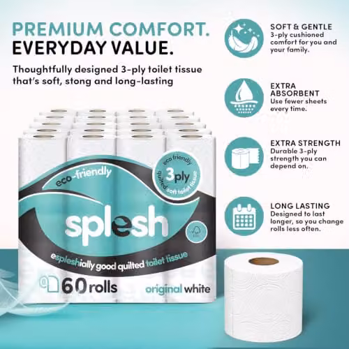 Cusheen Splesh 3-ply Unscented White Toilet Roll, 60 Pack – 2