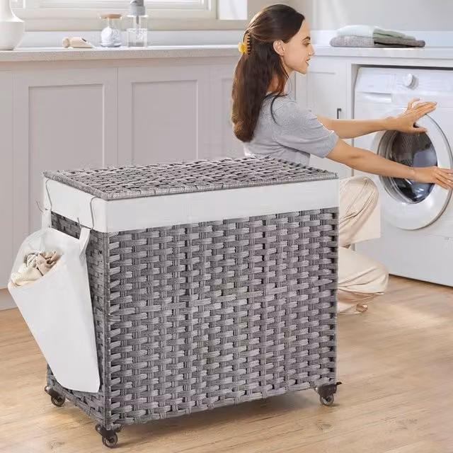 SONGMICS 3-Compartment Rolling Laundry Hamper with Wheels and Handles in Grey – 1