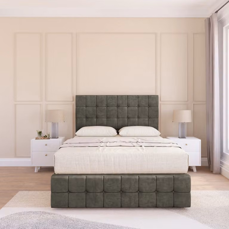 Sloomy Berlin King Size Divan Bed Base with 12 inch Footboard and 54 inch Floor Standing Chesterfield Headboard in Light Grey Velvet Fabric, W/D/H: 180 x 200 cm